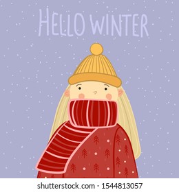 Hello winter. Girl with long blonde hair wearing red Christmas sweater, scarf and yellow cap. Christmas greating card New year atmosphere. Snow on the blue sky background. Cute, nice character. vector