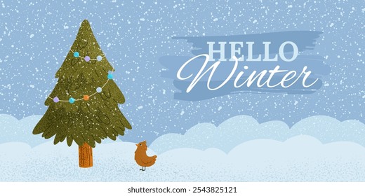 Hello winter. Grainy scenic illustration with fir tree, bird and text. Tree with garlands, snow, and snowflakes. Cozy vector art for banners. Horizontal greeting background for the winter season.