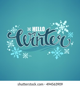 hello winter greeting banner with snowflakes and lettering composition