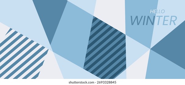 Hola, tarjeta de felicitación de invierno o Anuncio con un fondo geométrico abstracto en azul y blanco. Diseño gráfico fresco para la publicidad de vacaciones. Vector.