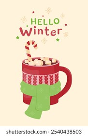 Hello, winter. Greeting card with cocoa with marshmallows and candy cane in a red cup tied with a warm scarf. Cozy winter drink.