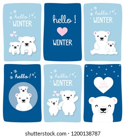 Hello winter greeting card with cute polar bear. Vector illustration.