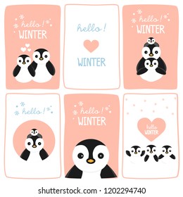 Hello winter greeting card with cute penguins. Vector illustration.