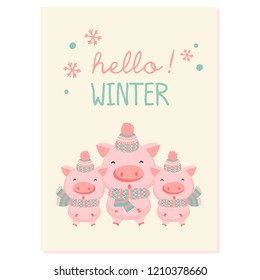 Hello winter greeting card with cute pig and baby pig. Vector illustration.