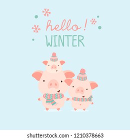 Hello winter greeting card with cute pig and baby pig. Vector illustration.
