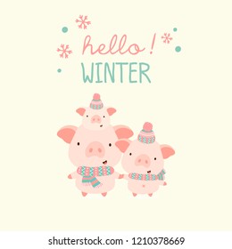 Hello winter greeting card with cute pig and baby pig. Vector illustration.