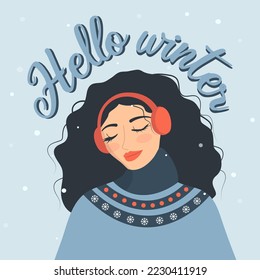 Hello winter greeting card with cute girl