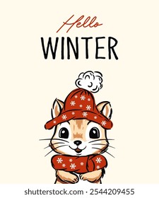 Olá cartão de saudação de inverno com chipmunk bonito no design de crianças de Santa hat