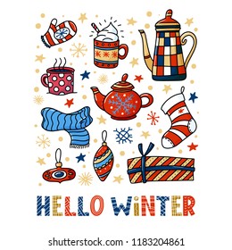 Hello Winter greeting card design with teapots and cups, Christmas doodles and decorations, vector illustration on white background. Hello Winter, Chrismas greeting card design with funny doodles