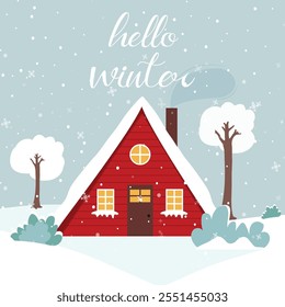 Hallo Winter. Wintergrußkarte mit Haus in Schnee und Winterlandschaft. Vektorgrafik