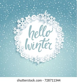 Hello winter greeting card with lettering. Snowfall background. Vector illustration.