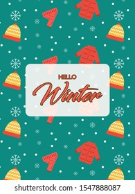 Hello winter greeting card and poster template with jacket, scarf, and beanie hat in winter season