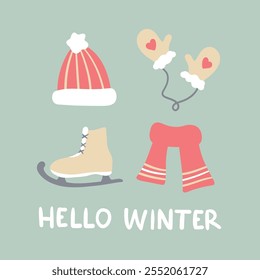 Hello winter greeting card with simple doodle illustration in flat scandinavian style. Freehand vector template. Knitting mittens, hat, scarf, figure skating skates, and handwritten lettering.