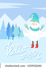 Hello winter greeting card with snowman wearing knitted hat and scarf with gloves. Frosty weather with snowy mountains and pine trees. Wintry landscape with calligraphic inscription, vector in flat