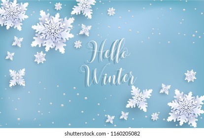 hello winter Greetings card. White Paper cut snow flake.