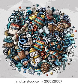 Hello Winter hand drawn cartoon doodles illustration. Funny seasonal design. Creative art vector background. Handwritten text with cold season elements and objects. Colorful composition