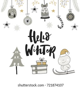 Hello winter - hand drawn Christmas card with lettering and decoration. Cute New Year clip art. Vector illustration.