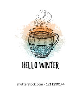 Hello Winter hand drawn doodle poster. Hot tea/coffee/chocolate cup. Cute sketch holiday concept. Black line icon, watercolor grunge splash element. Vector illustration isolated on white background.