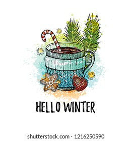 Hello Winter hand drawn doodle poster. Hot tea coffee cup. Cute sketch holiday concept. Line icon on watercolor grunge splash background. Vector illustration isolated on white. For t-shirt print, card