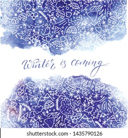 Hello, Winter, hand drawn doodle and watercolor background in winter season theme.  Artistic wallpaper for your design