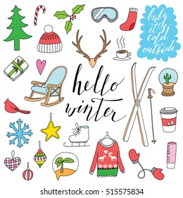 hello winter hand drawn doodle set