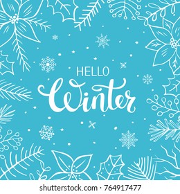hello winter hand drawn floral branches twigs and poinsettia christmas traditional flowers frame background