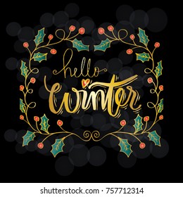 Hello Winter hand lettering calligraphy.