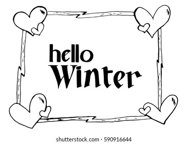 Hello Winter hand lettering design. Winter logos and emblems for invitation, greeting card, t-shirt, prints and posters. Hand drawn winter inspiration phrase. Vector illustration
