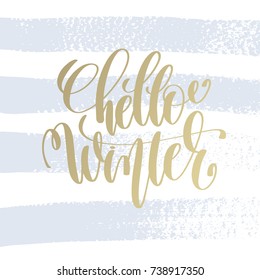 hello winter hand lettering holiday poster on light blue brush stroke background, christmas winter quote, calligraphy vector illustration