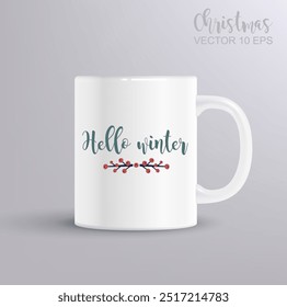 Hello Winter hand lettering inscription. Hand drawn winter inspiration phrase. Christmas concept with mug mockup. Vector illustration