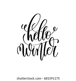 hello winter hand lettering inscription to winter holiday greeting card, Christmas banner calligraphy text quote, vector illustration 