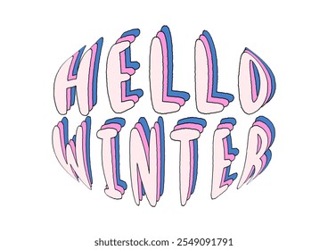 Hello winter hand lettering with rainbow patterns. Vector illustration.