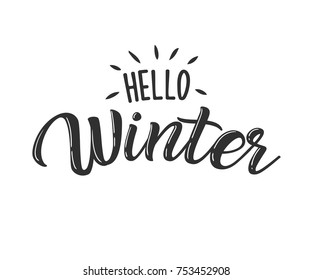 Hello Winter hand sketched logotype, badge typography icon. Lettering winter season for greeting card, invitation template. Retro, vintage lettering banner poster template background