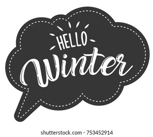 Hello Winter hand sketched logotype, badge typography icon. Lettering winter season for greeting card, invitation template. Retro, vintage lettering banner poster template background