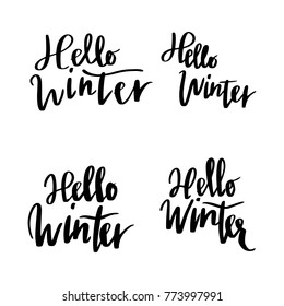 Hello winter hand written lettering about Christmas, new year celebration and winter holidays, calligraphy vector illustration.