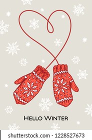Hello Winter hand-drawn mittens. Vector sketch illustration for greeting card, banner, website and holiday decor