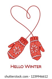 Hello Winter hand-drawn mittens. Vector sketch illustration for greeting card, banner, website and holiday decor