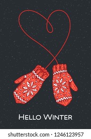 Hello Winter hand-drawn mittens. Vector sketch illustration for greeting card, banner, website and holiday decor