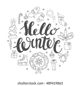 Hello winter handlettering with christmas elements. Winter season cards, greetings for social media, typography, t-shirt print.