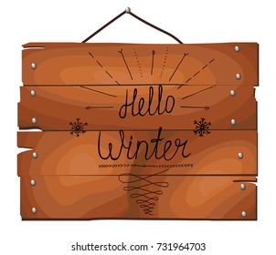 Hello Winter handlettering inscription on wooden plank background. Hand drawn winter phrase. Vector illustration.