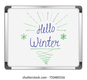 Hello Winter handlettering inscription on flip chart background. Hand drawn winter phrase. Vector illustration.