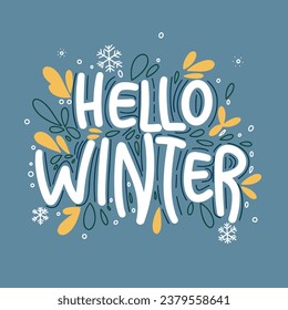 Hello winter handwriting lettering banner concept. Winter logo and emblems for greeting card, post, banner. Hello winter square composition. Vector illustraiton.