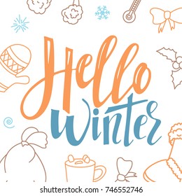 Hello winter. Handwriting script lettering for greeting card. Vector design for logo, emblem, banner.