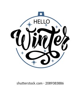 Hello Winter handwritten text, hand lettering with stars isolated on white background. Modern brush calligraphy for greeting card, print, poster, sticker, decor. Winter holidays vector illustration