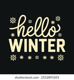 Hello Winter, handwritten text, hand lettering with stars isolated on Black background