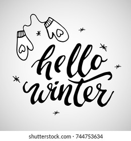 Hello Winter hanlettering inscription. logos and emblems for invitation, greeting card, t-shirt, prints and posters. Hand drawn winter inspiration phrase. Vector illustration