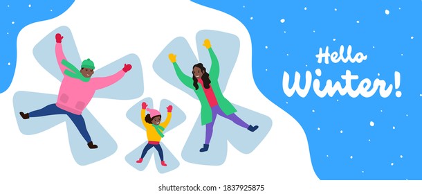 hello winter happy african american family making snow angel vector illustration