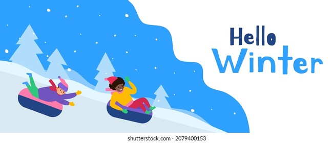 Hello Winter  Happy Children Sliding Snow Tubing Down Hill Outdoor Vector Illuistration