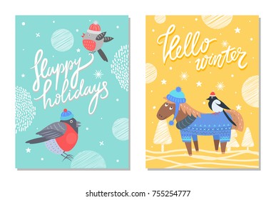 Hello winter and happy holidays postcards with bullfinch in hat and donkey with bird on back. Vector illustration with cute animals on winter landscape