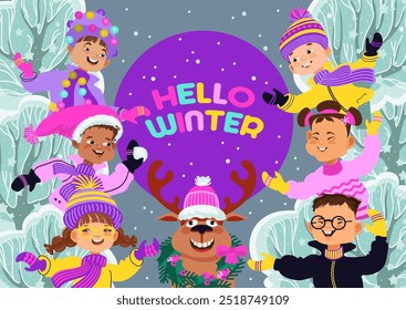 Hello winter. Happy kids and reindeer playing in the winter park. Children dressed in warm costumes. Cartoon cute kids smiling. Multiethnic boys and girls. Winter wonderland. Vector flat illustration